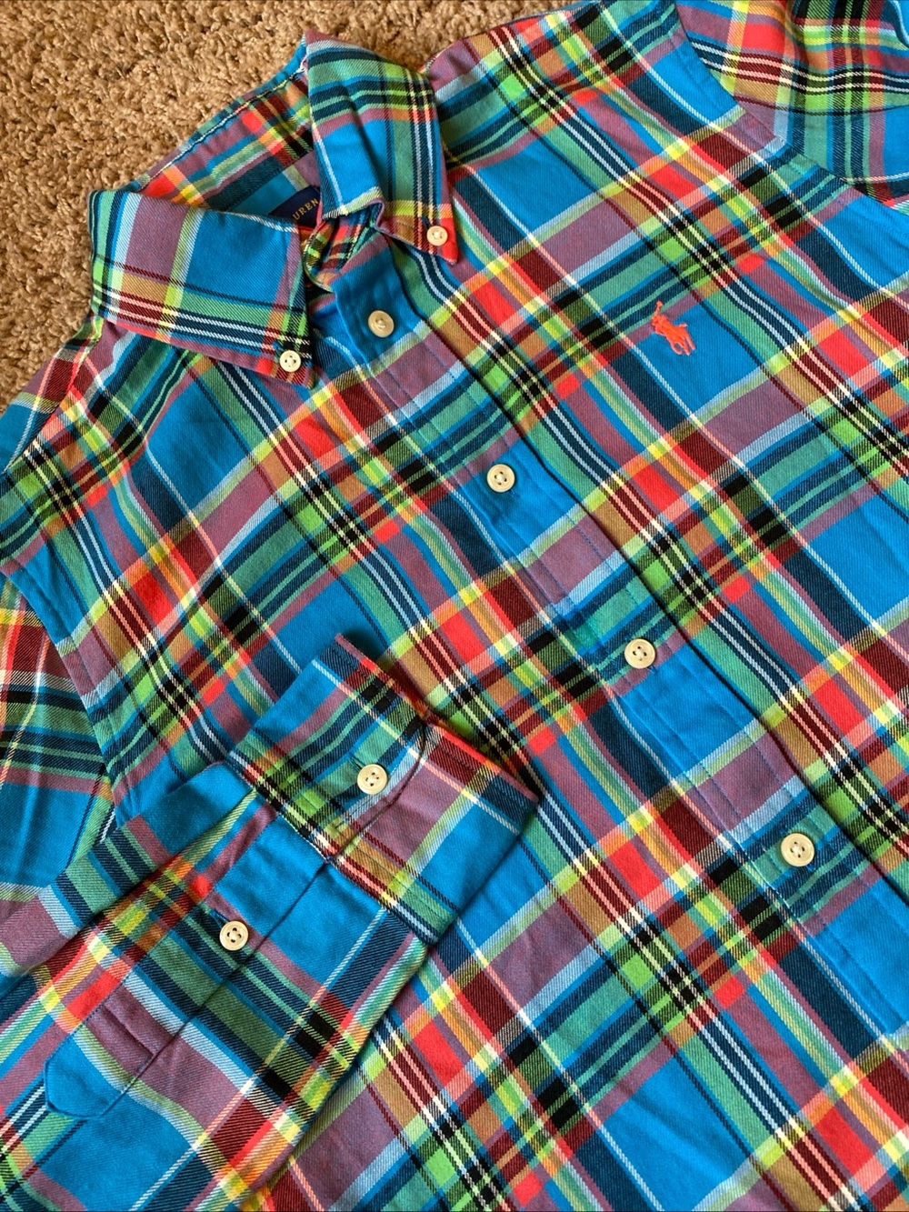 Ralph Lauren 100% Cotton Plaid Button Up Shirt Womens Sz 6 Blue Pink Pony Preppy